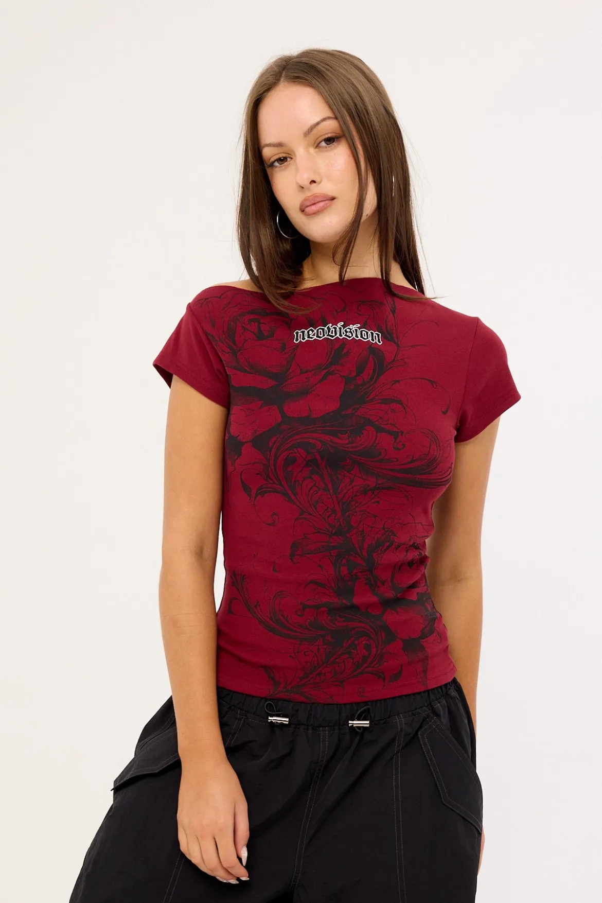Fallen Roses Off Shoulder Fitted Tee Burgundy