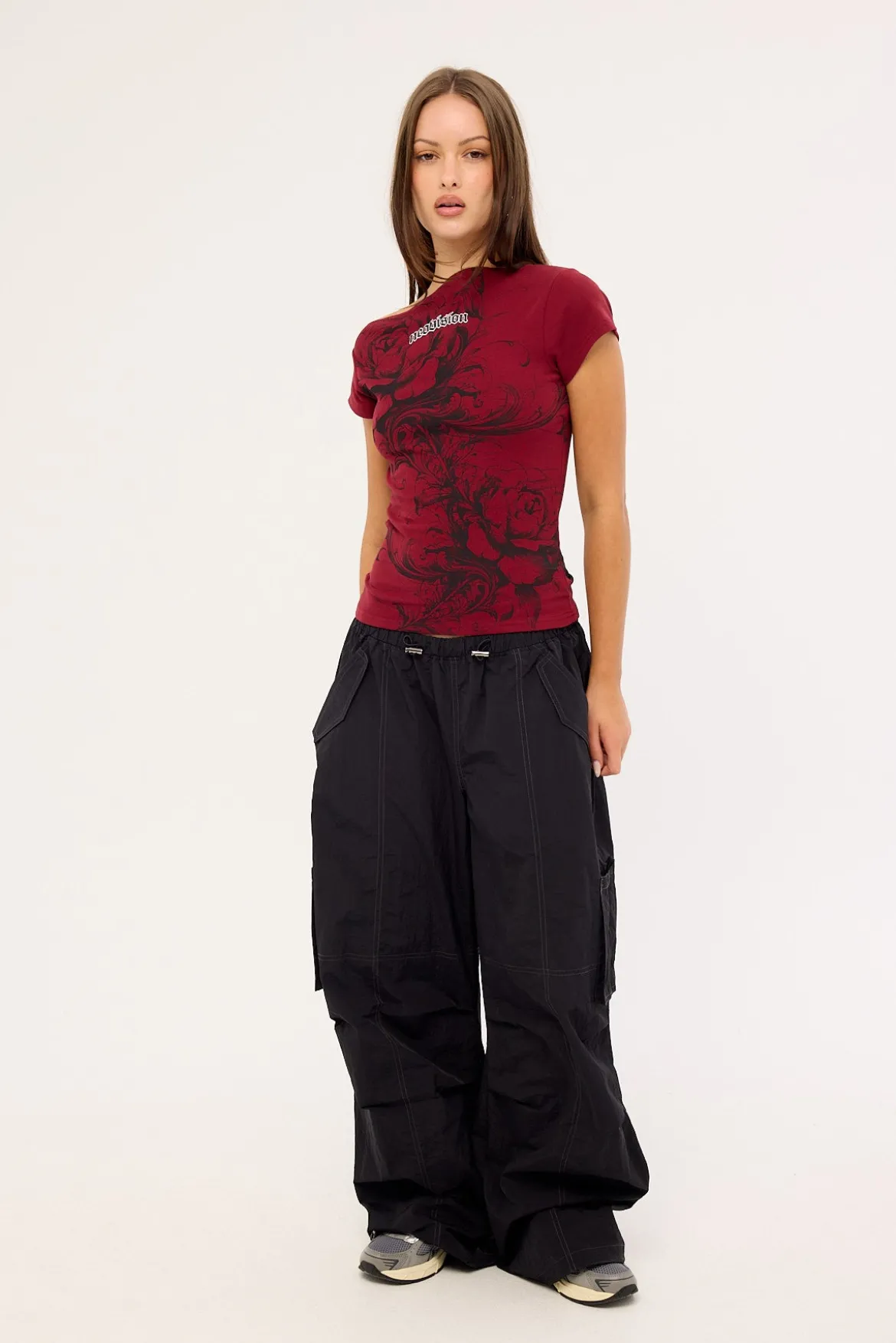 Fallen Roses Off Shoulder Fitted Tee Burgundy