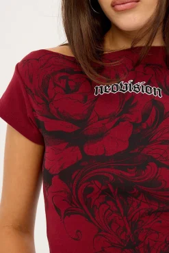 Fallen Roses Off Shoulder Fitted Tee Burgundy