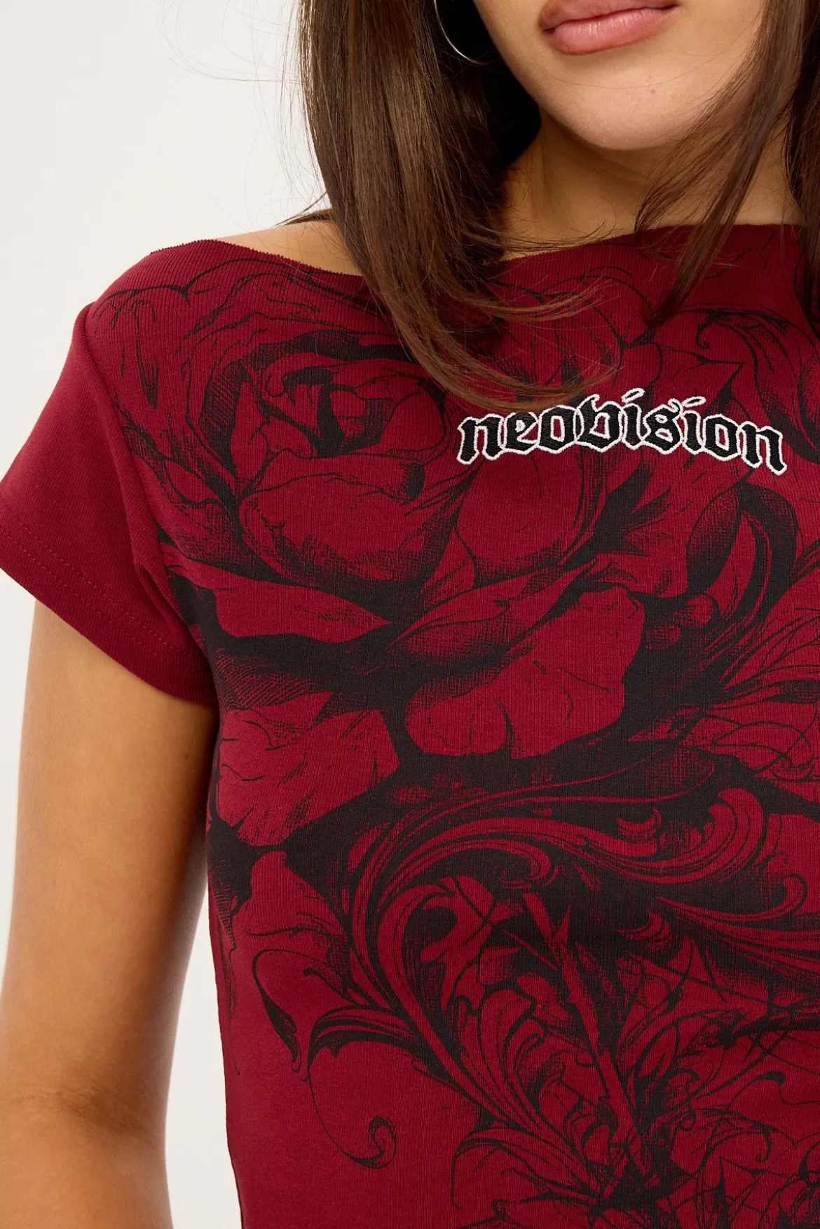 Fallen Roses Off Shoulder Fitted Tee Burgundy