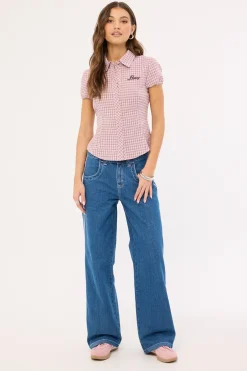 Flip Mommy Low Rise Wide Leg Jean Authentic Blue/ Pink Denim