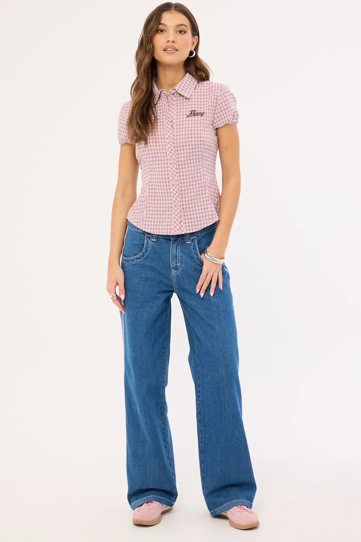 Flip Mommy Low Rise Wide Leg Jean Authentic Blue/ Pink Denim