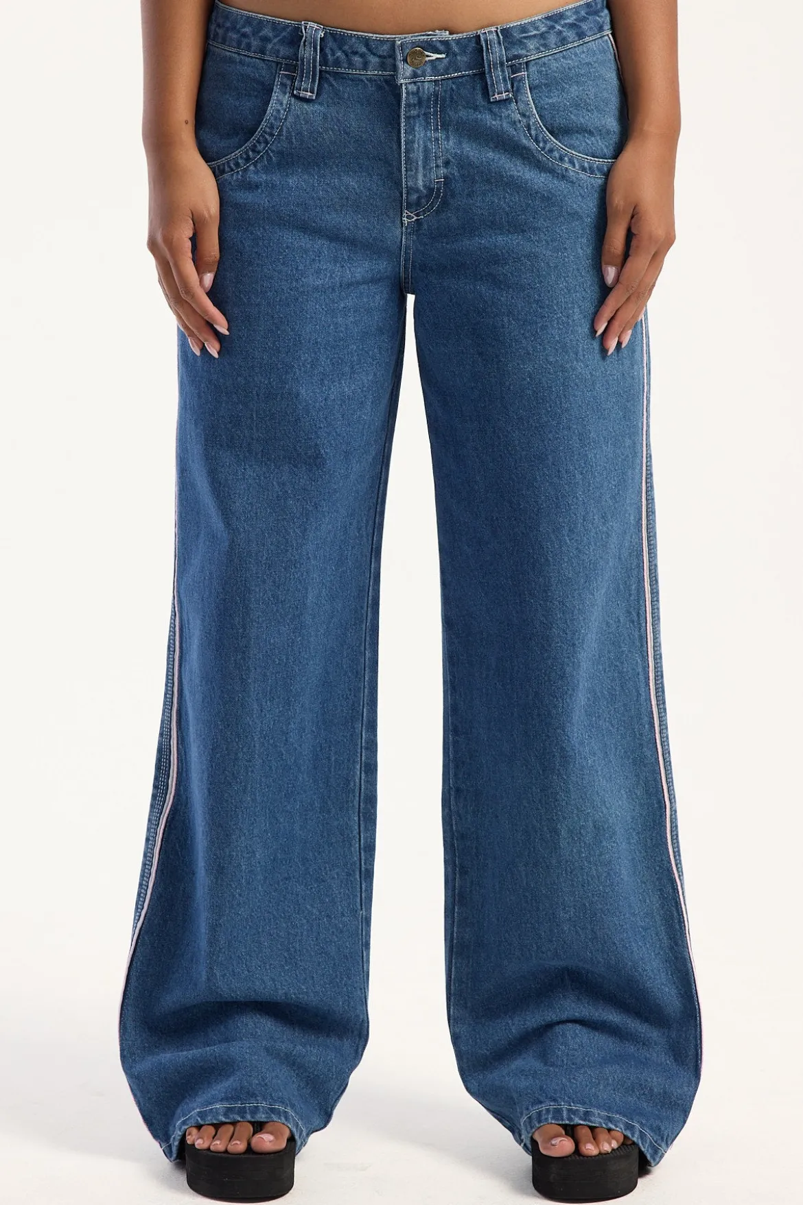 Flip Mommy Low Rise Wide Leg Jean Authentic Blue/ Pink Denim