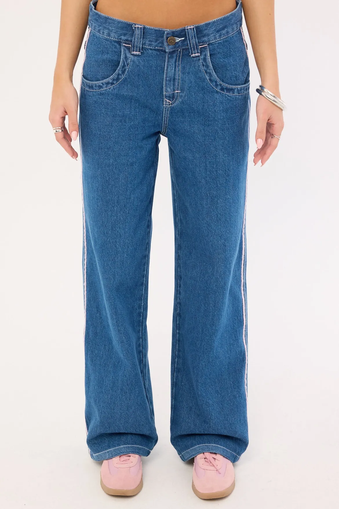 Flip Mommy Low Rise Wide Leg Jean Authentic Blue/ Pink Denim