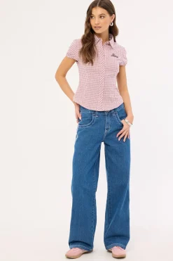 Flip Mommy Low Rise Wide Leg Jean Authentic Blue/ Pink Denim