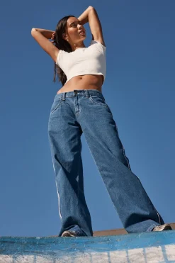 Flip Mommy Low Rise Wide Leg Jean Authentic Blue/ Pink Denim