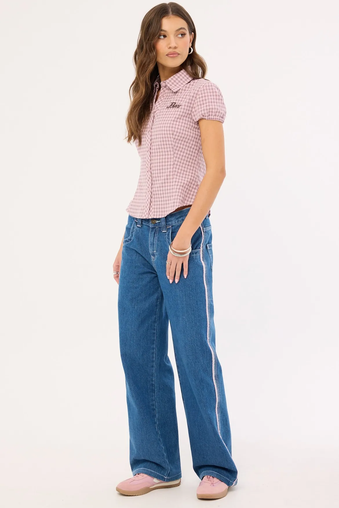 Flip Mommy Low Rise Wide Leg Jean Authentic Blue/ Pink Denim
