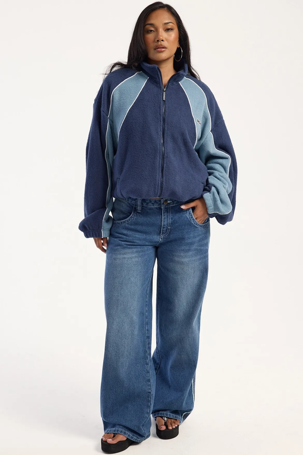 Flip Mommy Low Rise Wide Leg Jean Blasted Middy Blue Denim