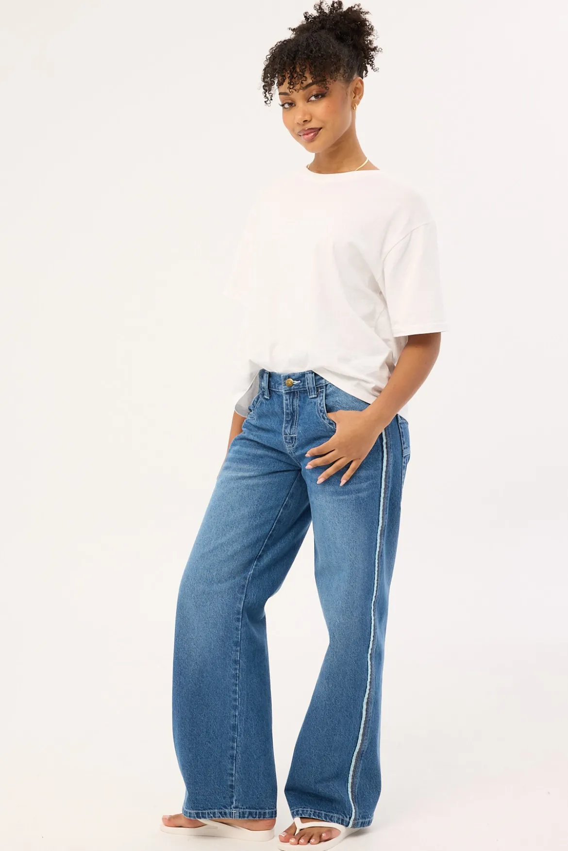 Flip Mommy Low Rise Wide Leg Jean Blasted Middy Blue Denim