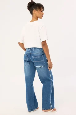 Flip Mommy Low Rise Wide Leg Jean Blasted Middy Blue Denim