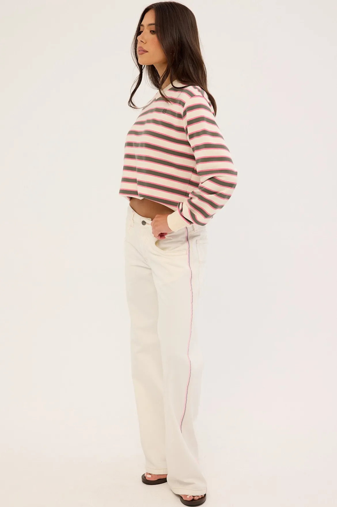 Flip Mommy Low Rise Wide Leg Jean WHITE/PINK Denim