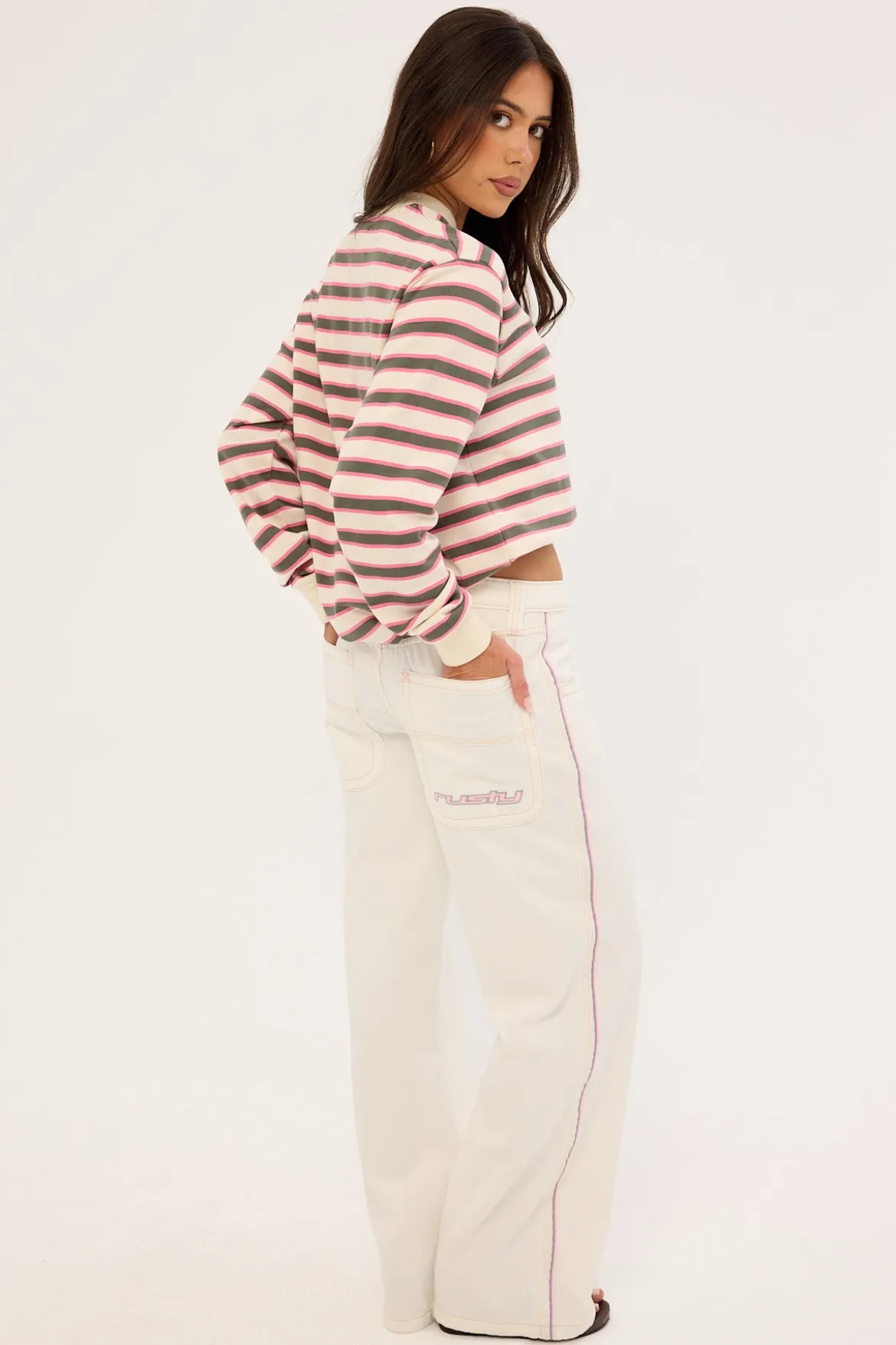Flip Mommy Low Rise Wide Leg Jean WHITE/PINK Denim
