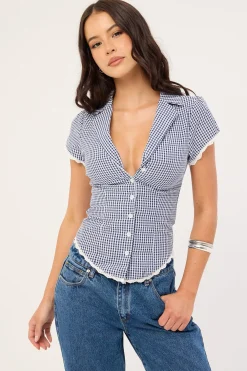 Frankie Cap Sleeve Blouse Navy Gingham