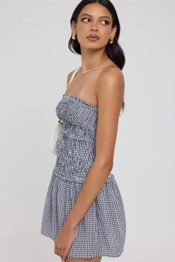 Frankie Shirred Mini Dress Navy Gingham
