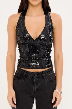 Freja Sequin Halter Top Black