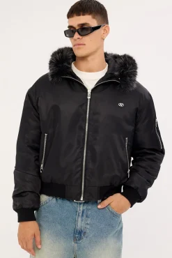 Frosted Hooded Faux Fur Bomber Jacket Black