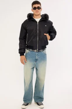 Frosted Hooded Faux Fur Bomber Jacket Black