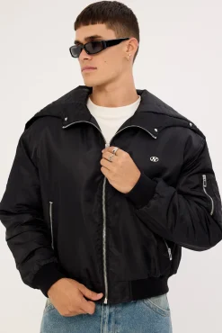 Frosted Hooded Faux Fur Bomber Jacket Black