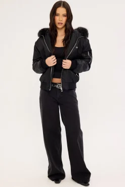 Frosted Hooded Faux Fur Bomber Jacket Black