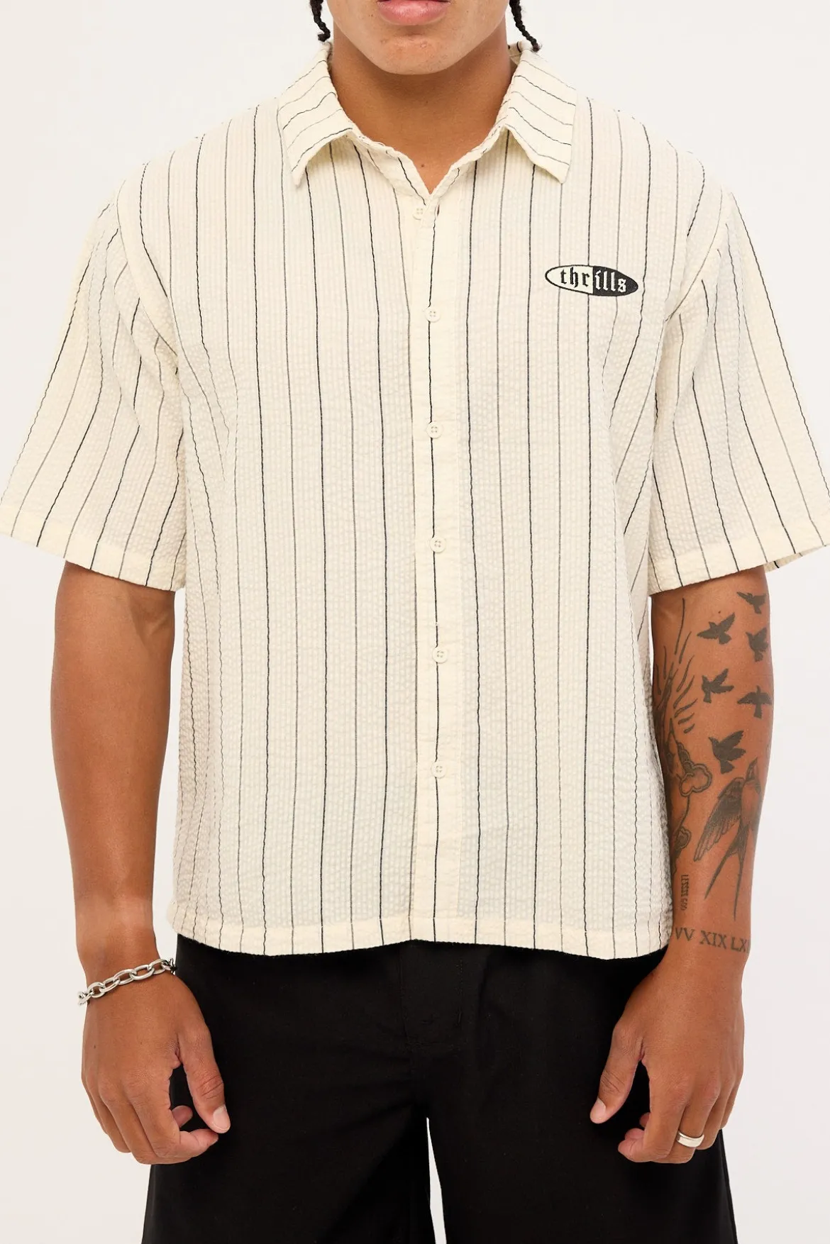 Future Vision Box Fit Cropped Short Sleeve Shirt White Stripe