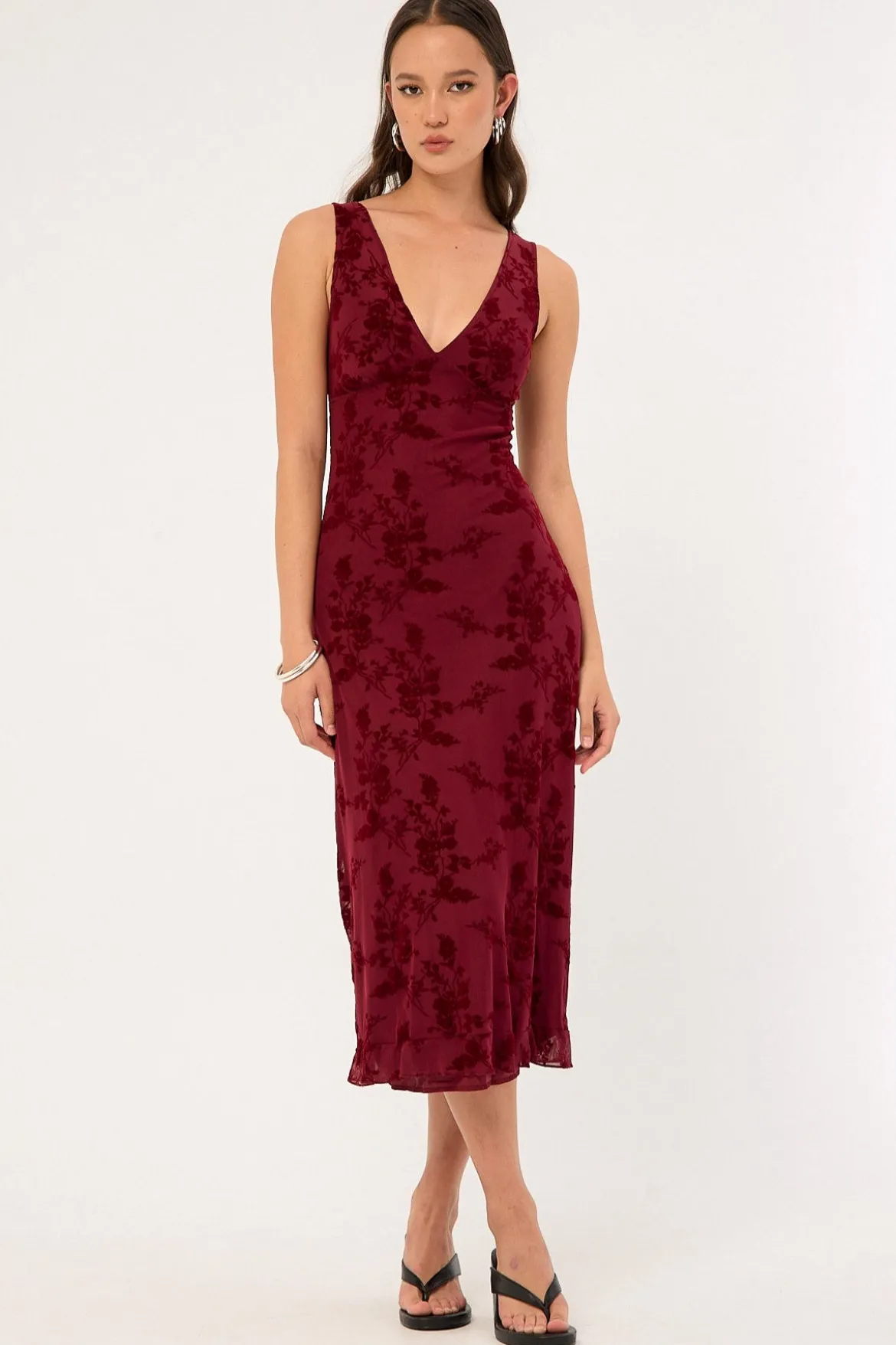 Gabriela Midi Dress Botanical Flower Maroon