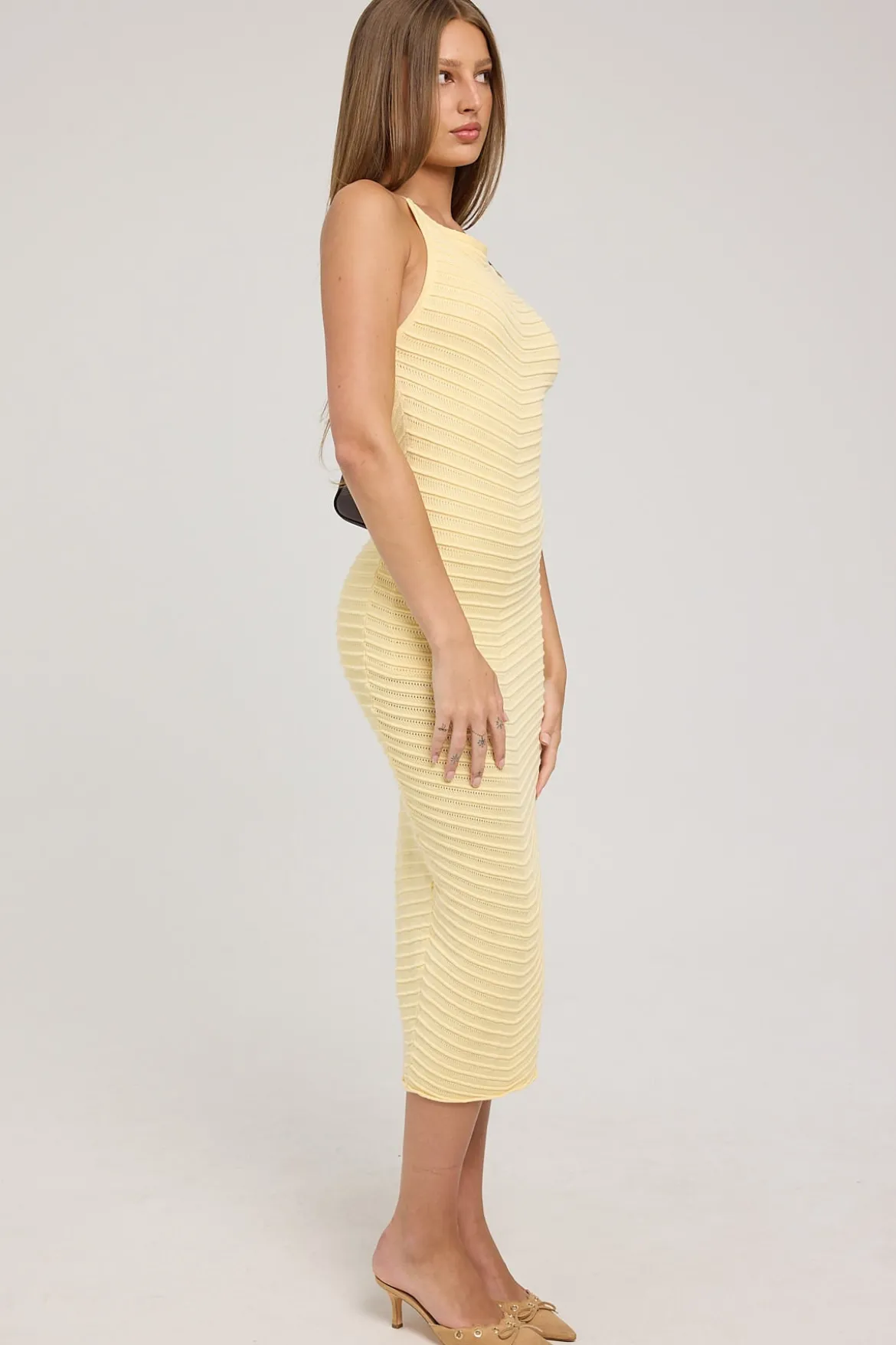 Genova Square Neck Knit Midi Dress Yellow