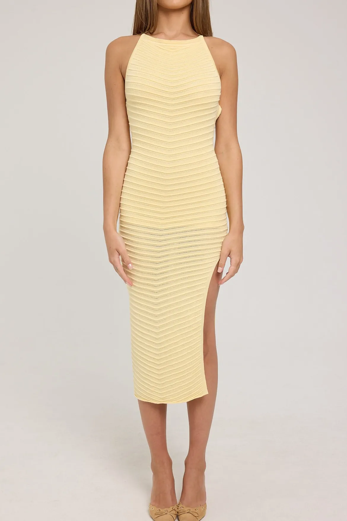 Genova Square Neck Knit Midi Dress Yellow