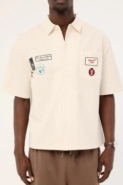 Getaway Boxy Cropped Shirt White/Tan Stripe