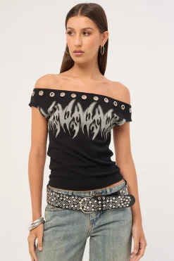 Ghosted Cold Shoulder Off Shoulder Top Black