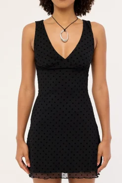 Gia Flocked Mini Dress Black Polka