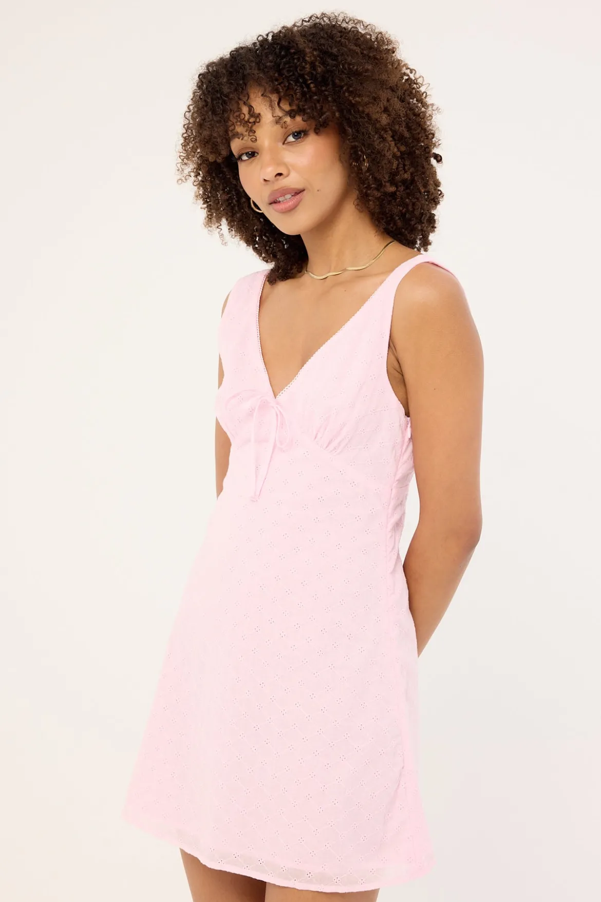 Gracie V Neck Broderie Mini Dress Pink