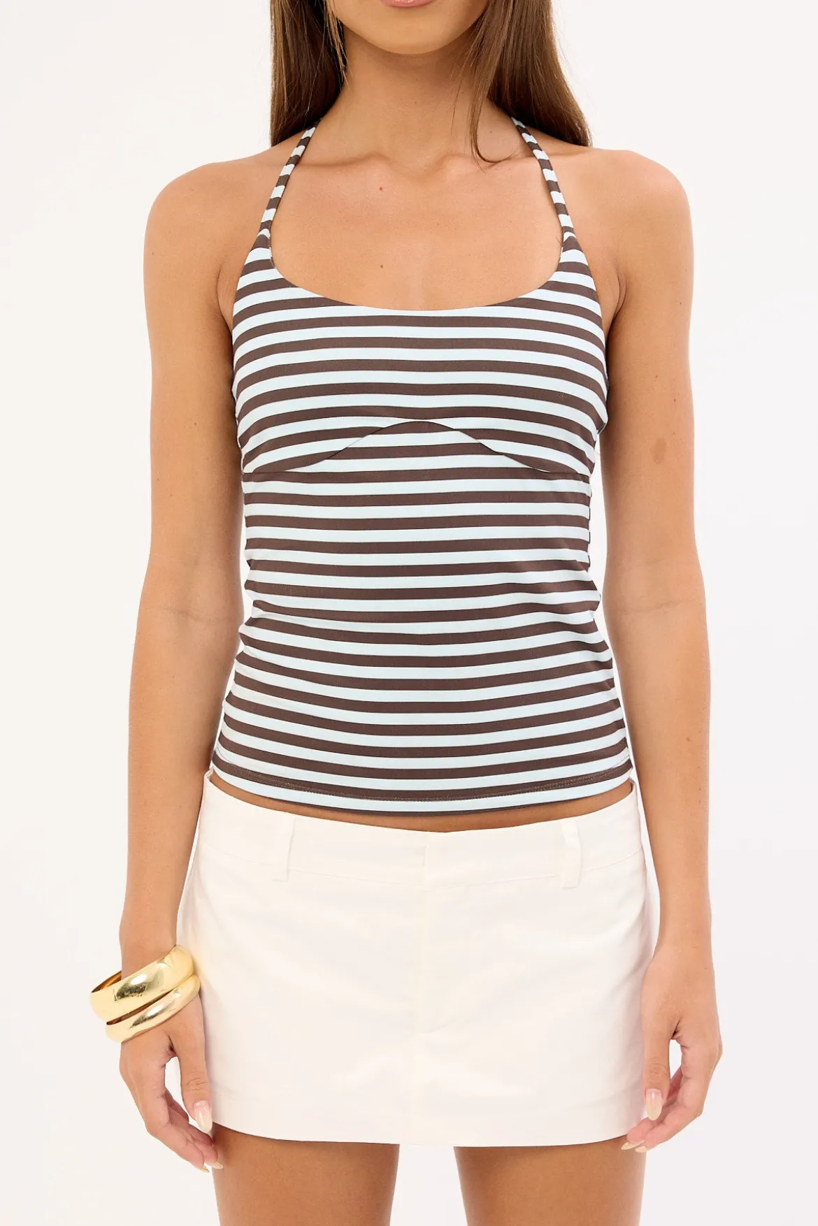 Halter Tie Tank Top Brown Stripe