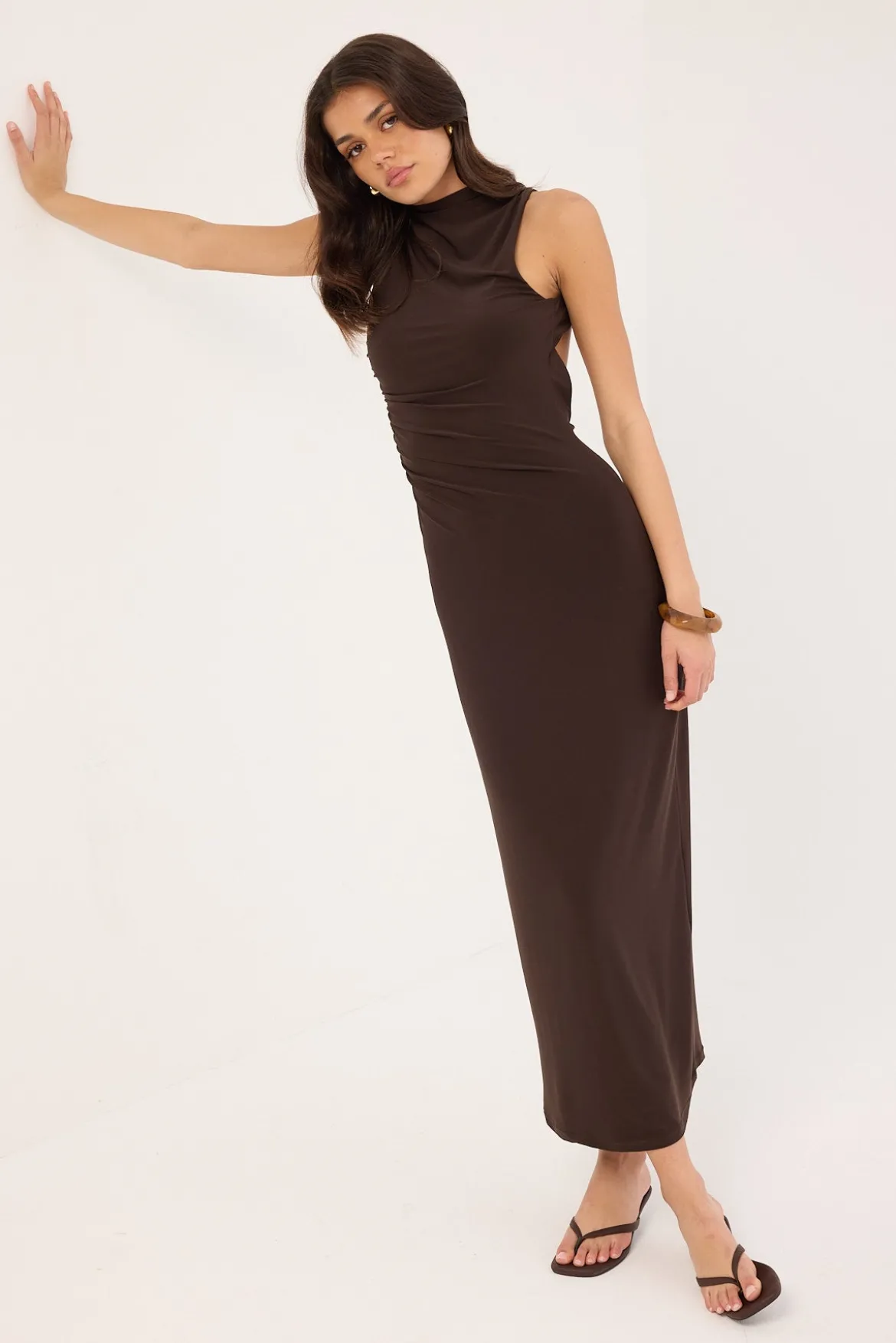 Havana High Neck Open Back Maxi Dress Brown