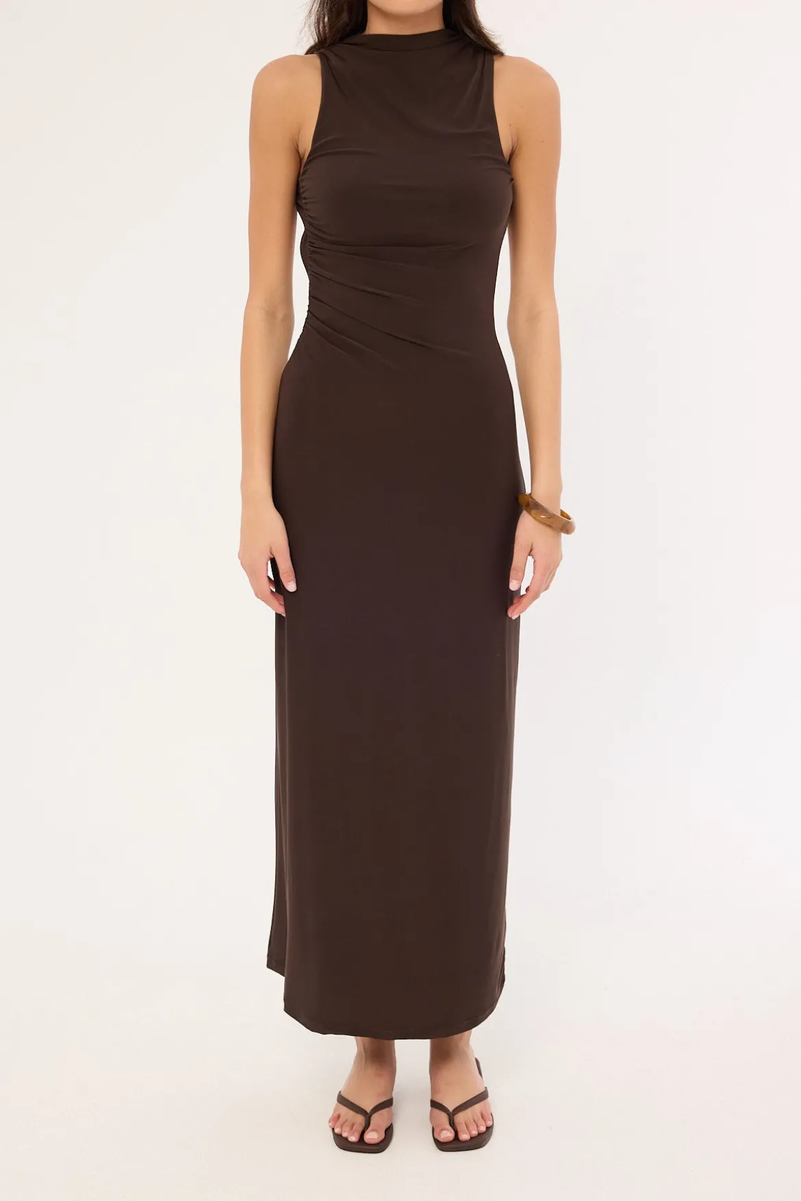 Havana High Neck Open Back Maxi Dress Brown
