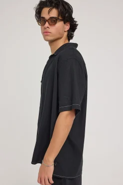 Hemp Minimal Thrills Constrast Stiching Bowling Shirt Black