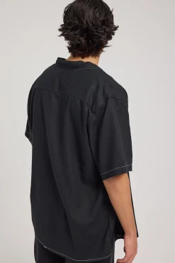 Hemp Minimal Thrills Constrast Stiching Bowling Shirt Black