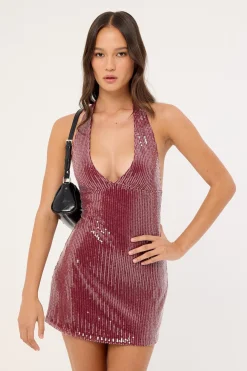 Hepasi Halter Dress Clear Sequin Maroon