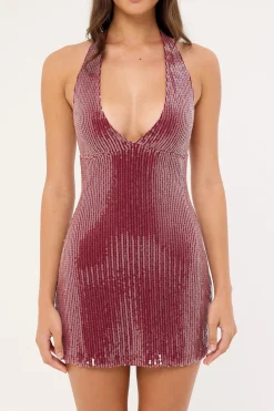 Hepasi Halter Dress Clear Sequin Maroon
