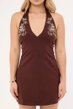 Hepzhi Mini Dress Bitter Chocolate Floral Embroidery