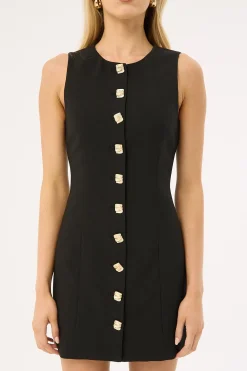 High Neck Button Suiting Mini Dress Black