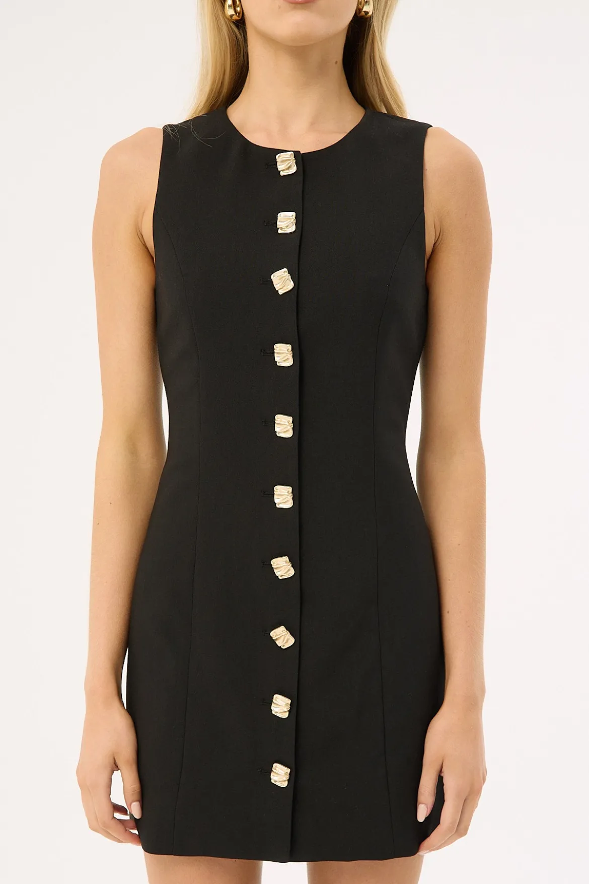High Neck Button Suiting Mini Dress Black