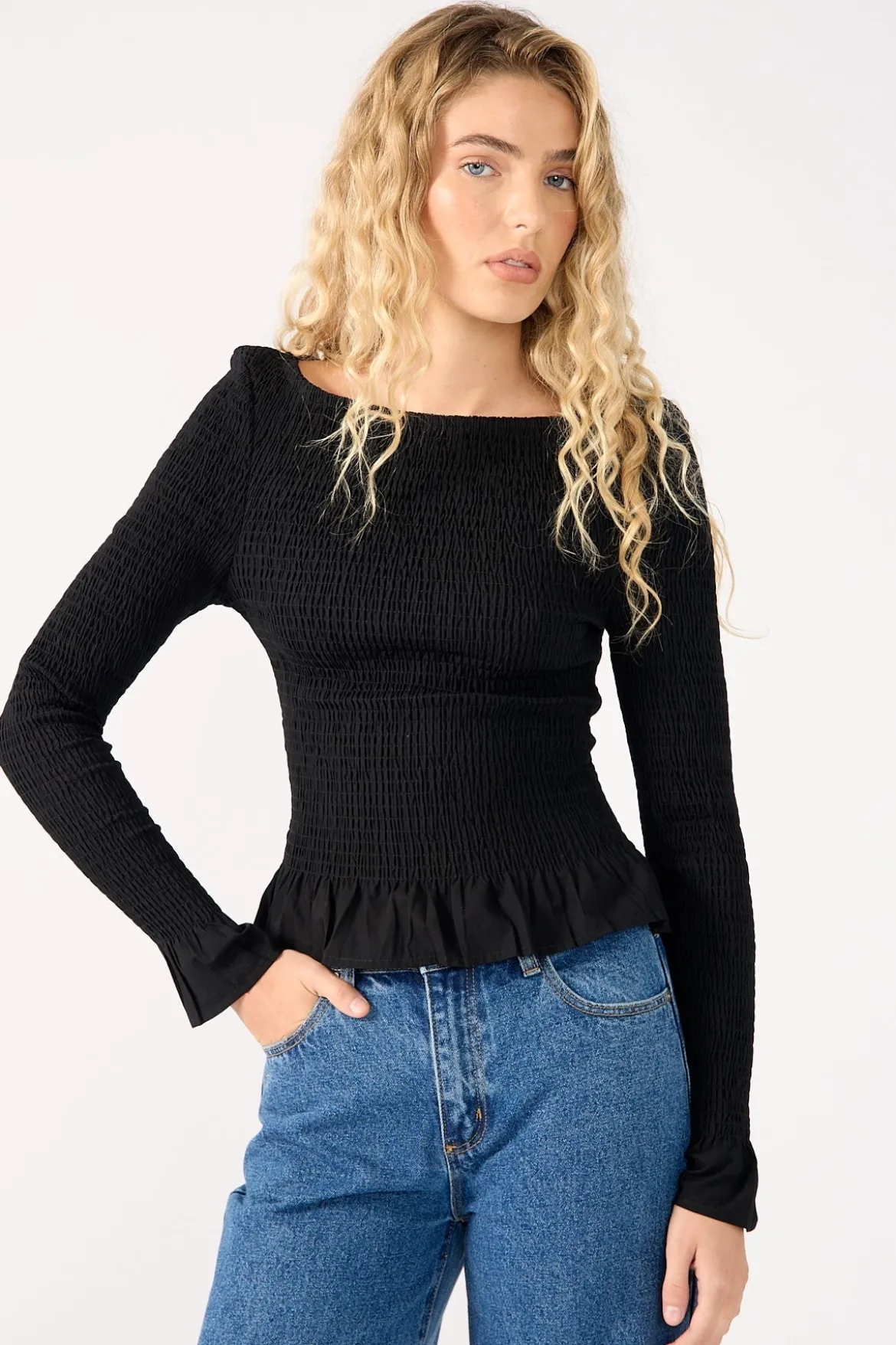 High Neck Shirred Long Sleeve Top Black