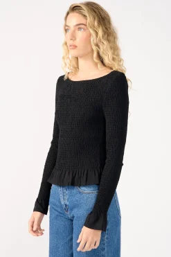 High Neck Shirred Long Sleeve Top Black
