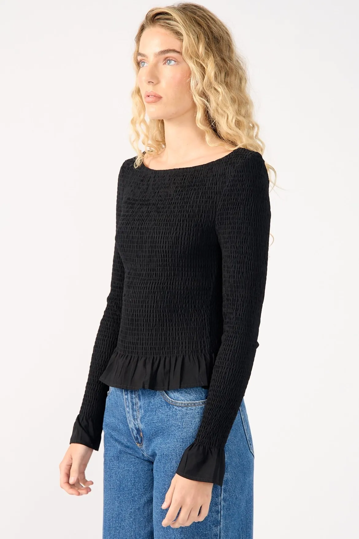 High Neck Shirred Long Sleeve Top Black