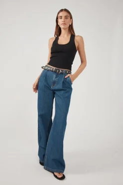 High Rise Pleated Jean Deep Blue Denim