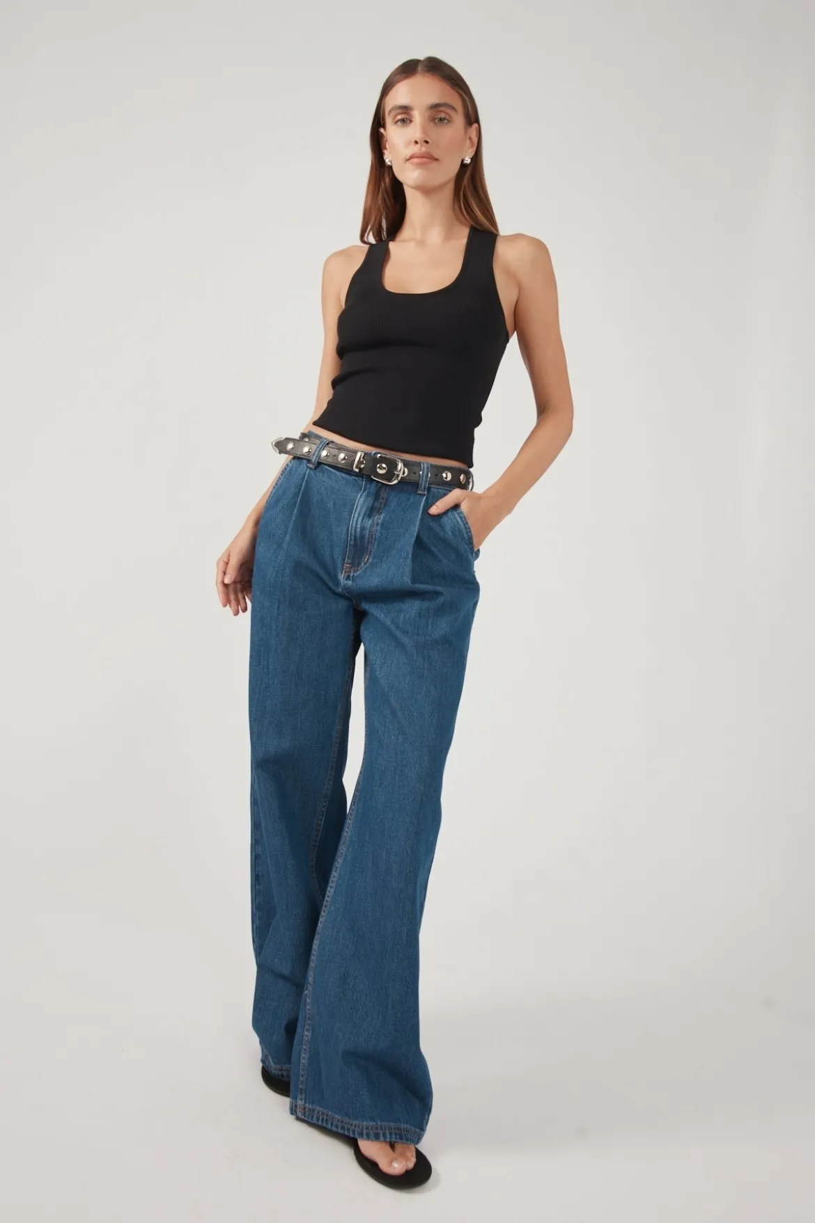 High Rise Pleated Jean Deep Blue Denim