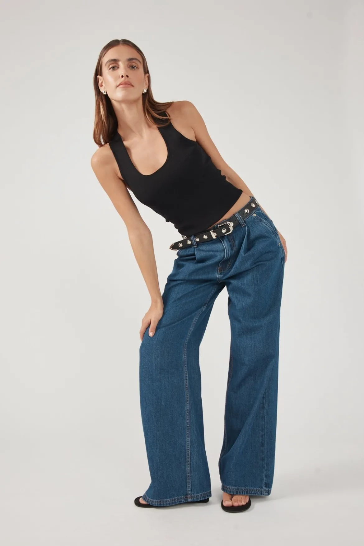 High Rise Pleated Jean Deep Blue Denim