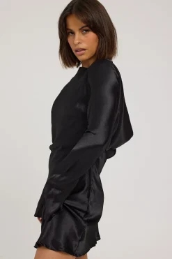 Isla Long Sleeve Cowl Mini Dress Black