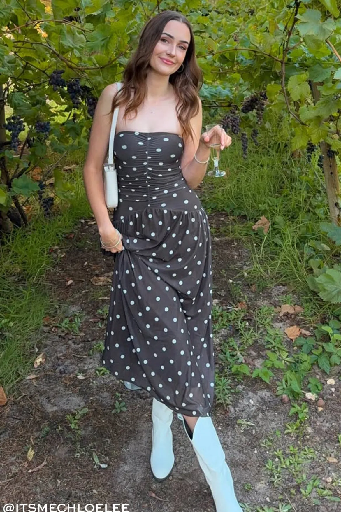 Issy Polka Mesh Midi Dress Brown Polka