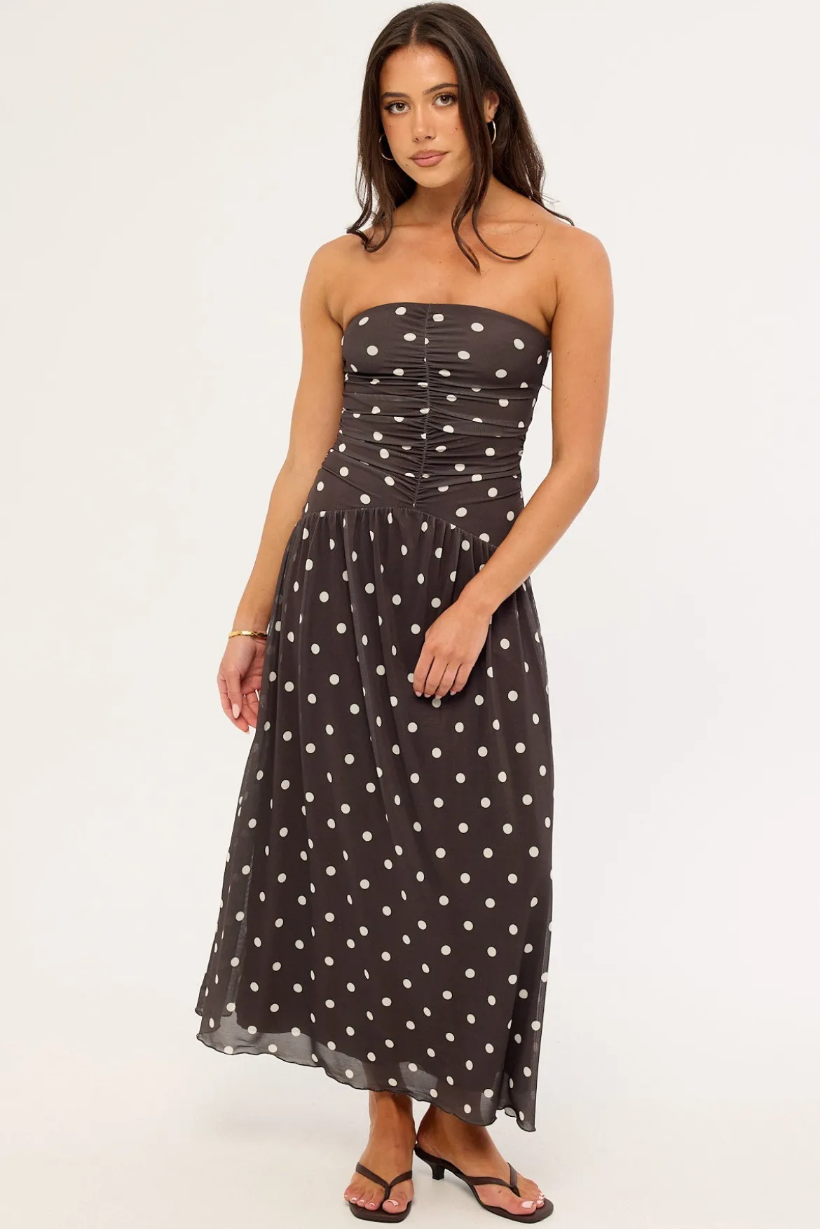 Issy Polka Mesh Midi Dress Brown Polka